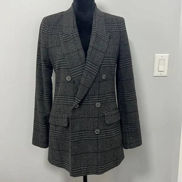 Zara Women’s Gray Black Checkered Double Breasted Button long Wool Blazer sz XS - Picture 1 of 8